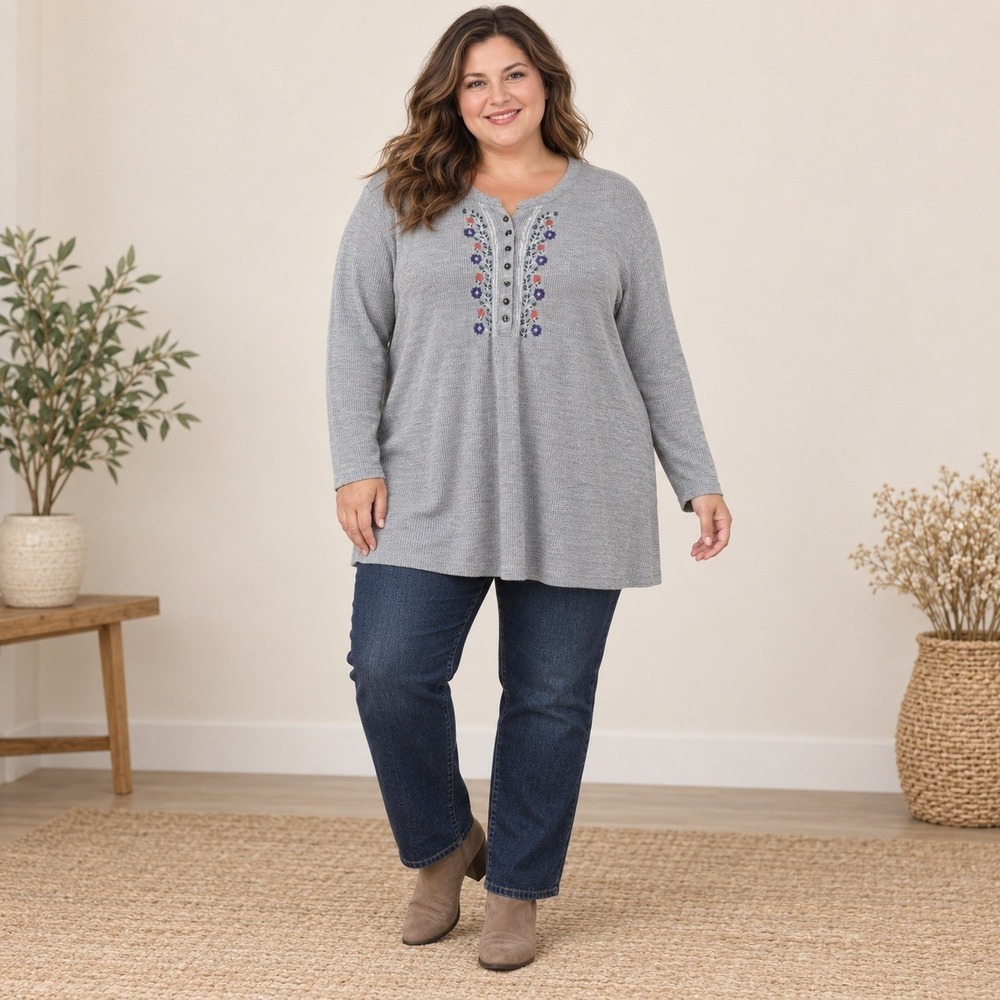 Woman Within 2X 26/28W Gray Waffle Knit Henley Tunic Floral Embroidered